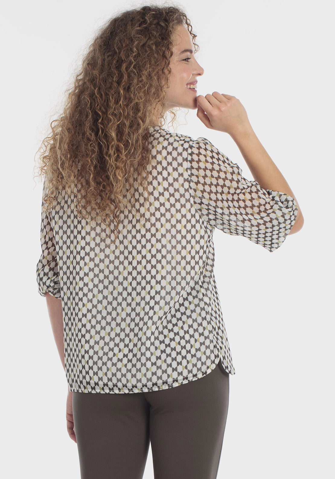 Geometric Print V-Neck Blouse - Green
