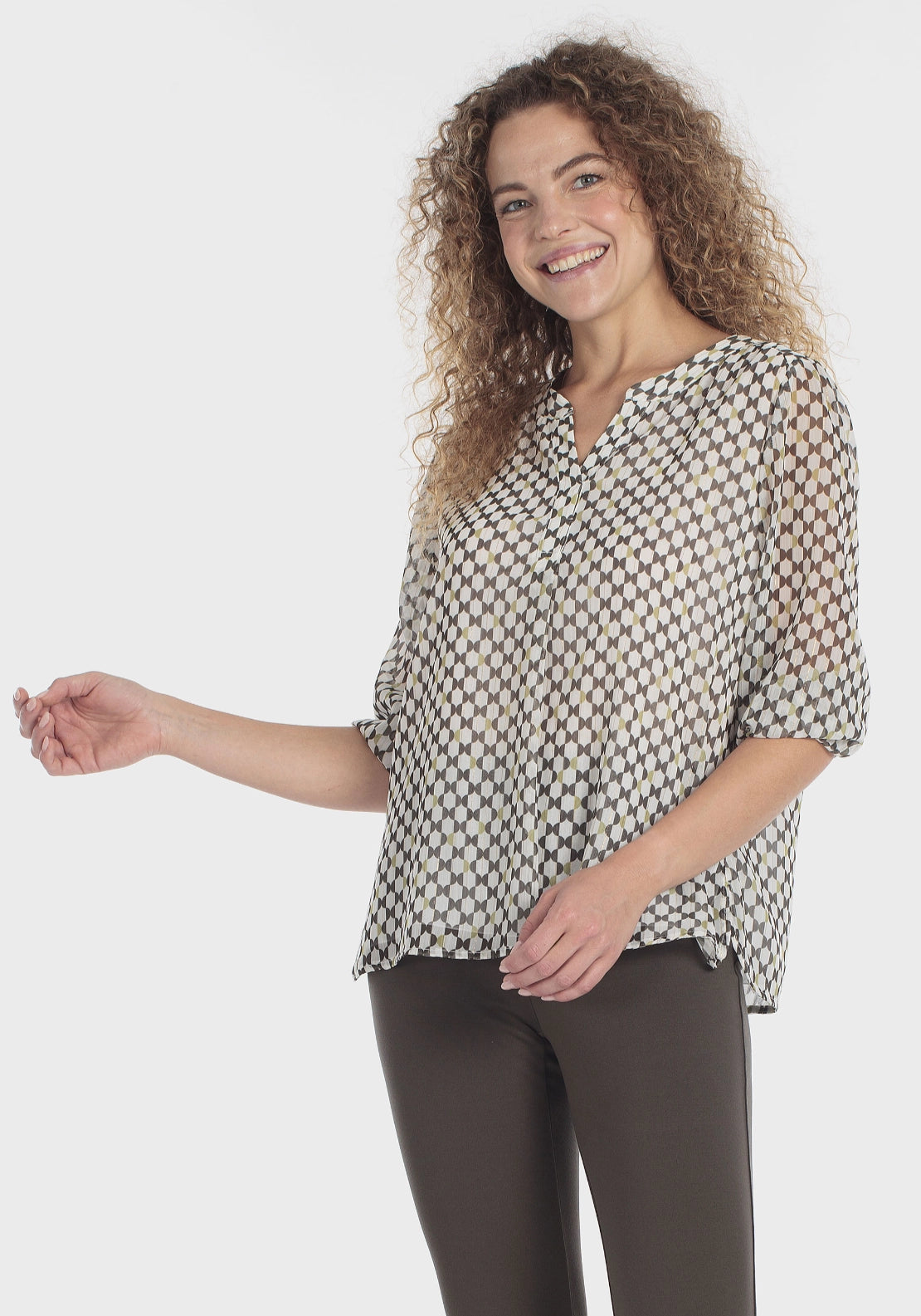 Geometric Print V-Neck Blouse - Green