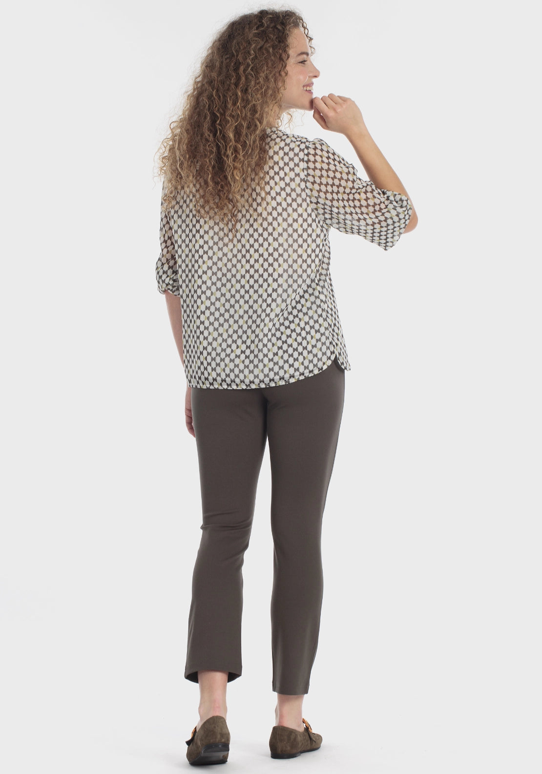 Geometric Print V-Neck Blouse - Green