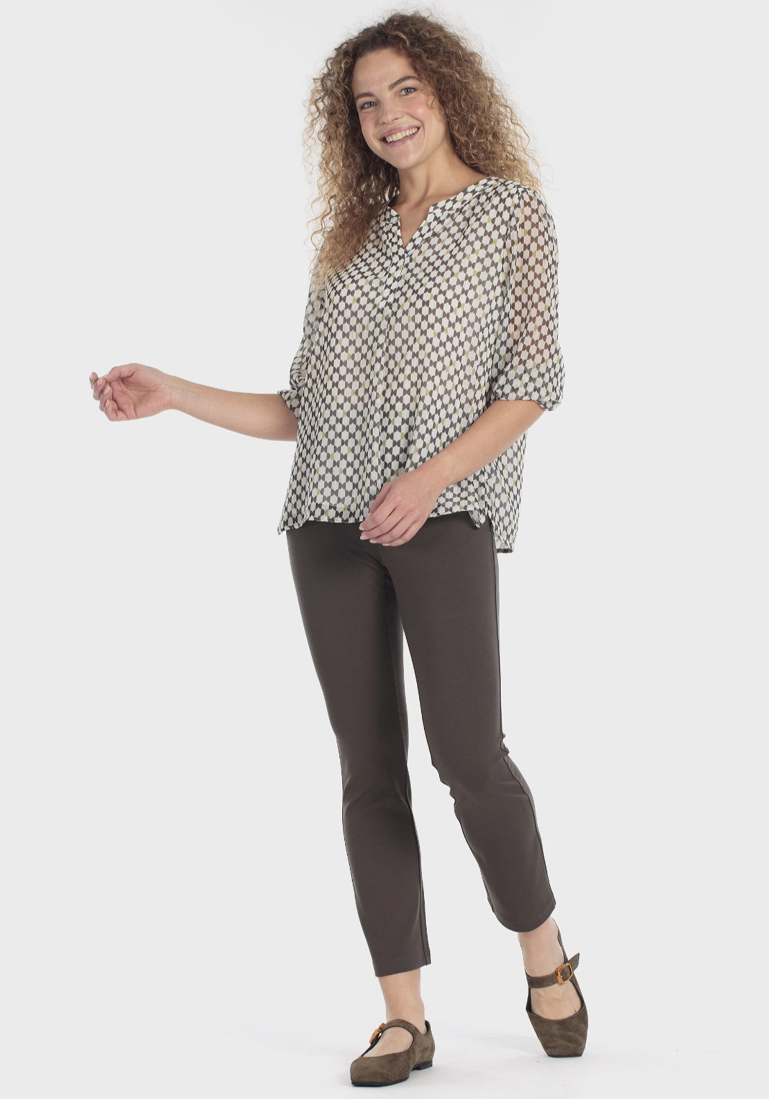 Geometric Print V-Neck Blouse - Green