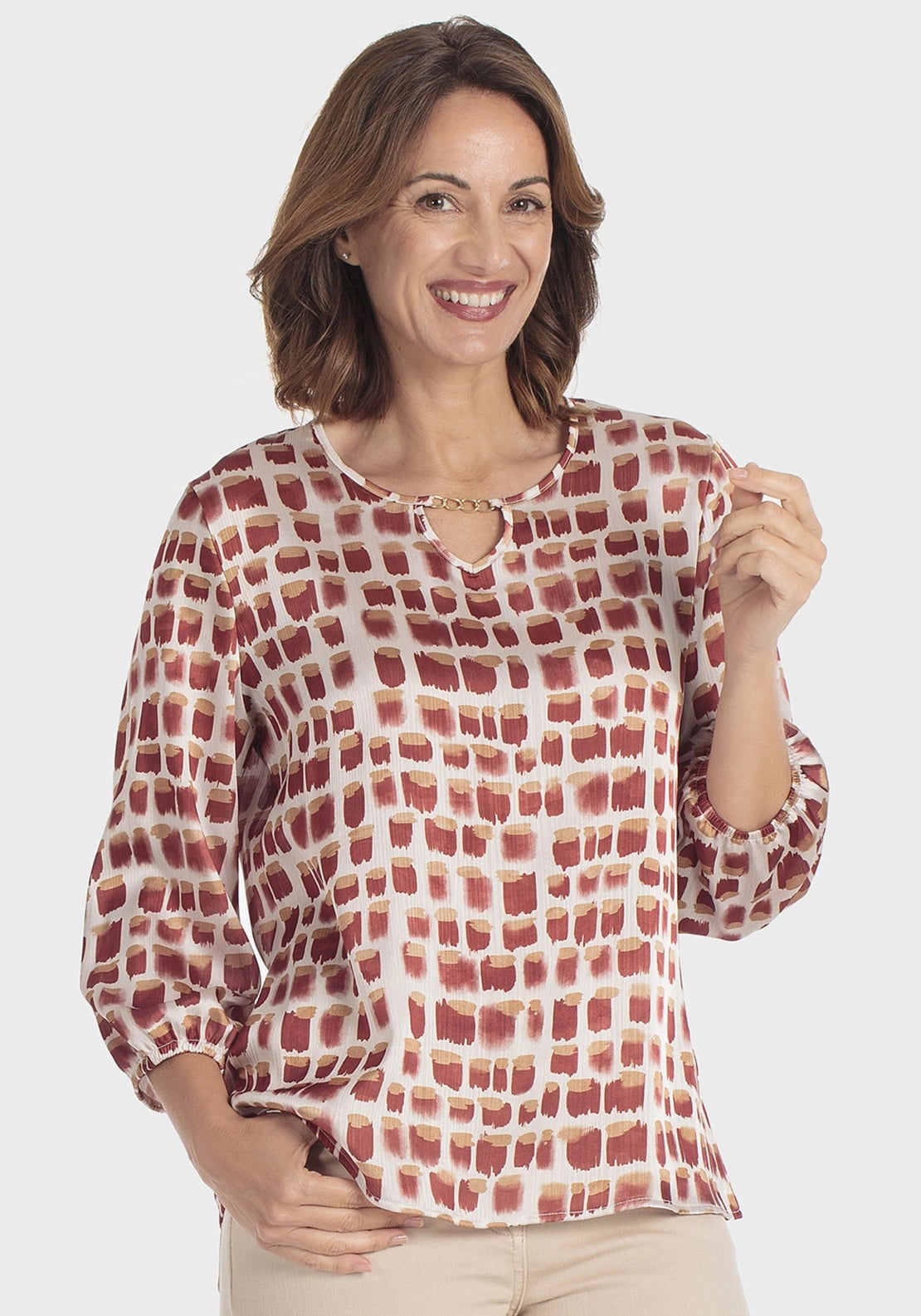 Punt Roma Polka Dot Printed Blouse With Chain Accent - Beige 1 Shaws Department Stores