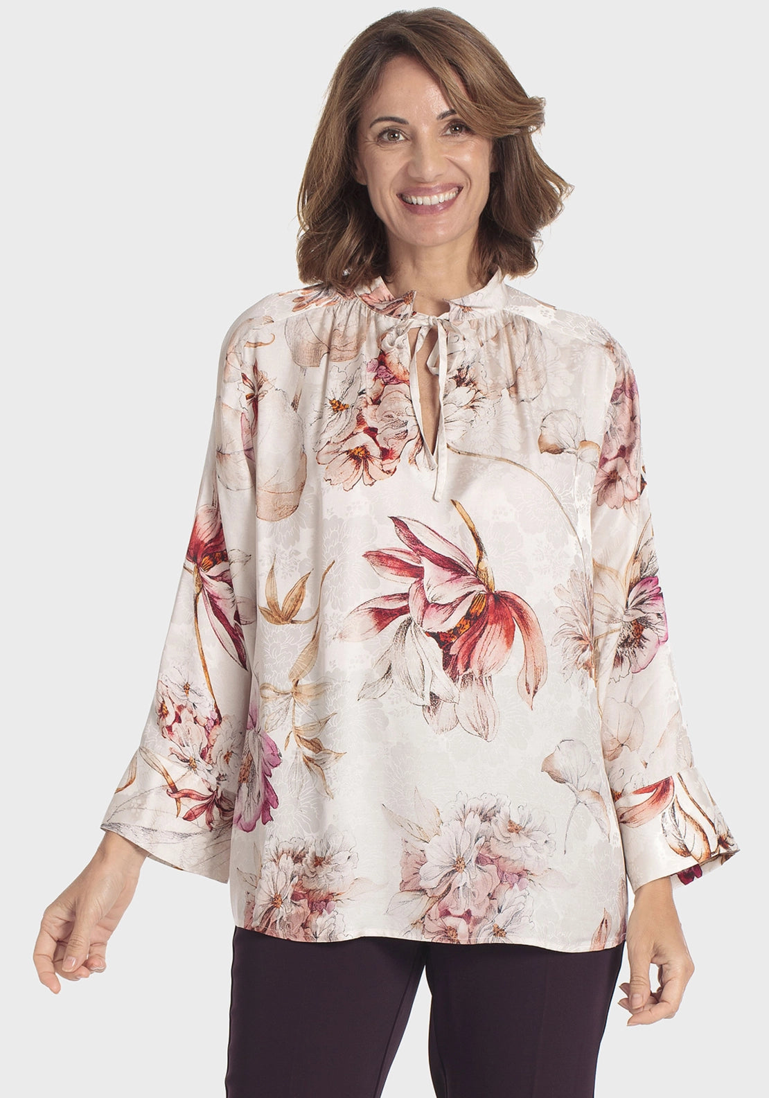 Floral Print Tie Bow Neck Blouse - Beige