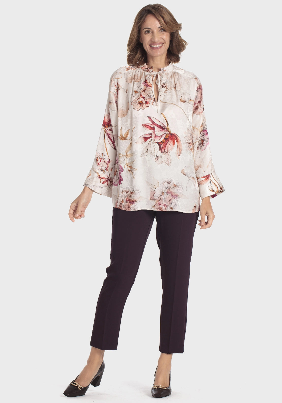 Floral Print Tie Bow Neck Blouse - Beige