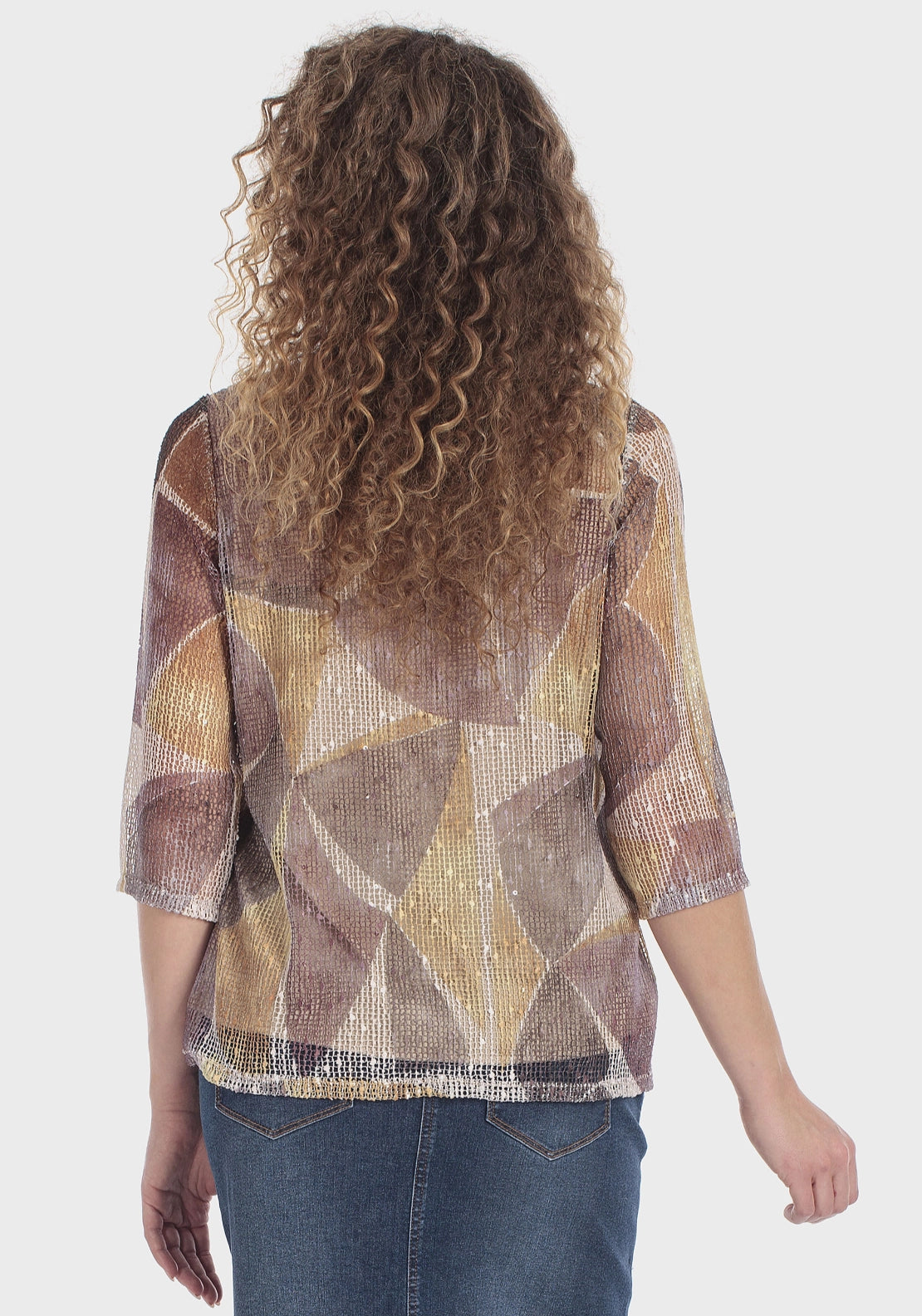 Printed Mesh 3/4-Sleeve T-Shirt - Beige