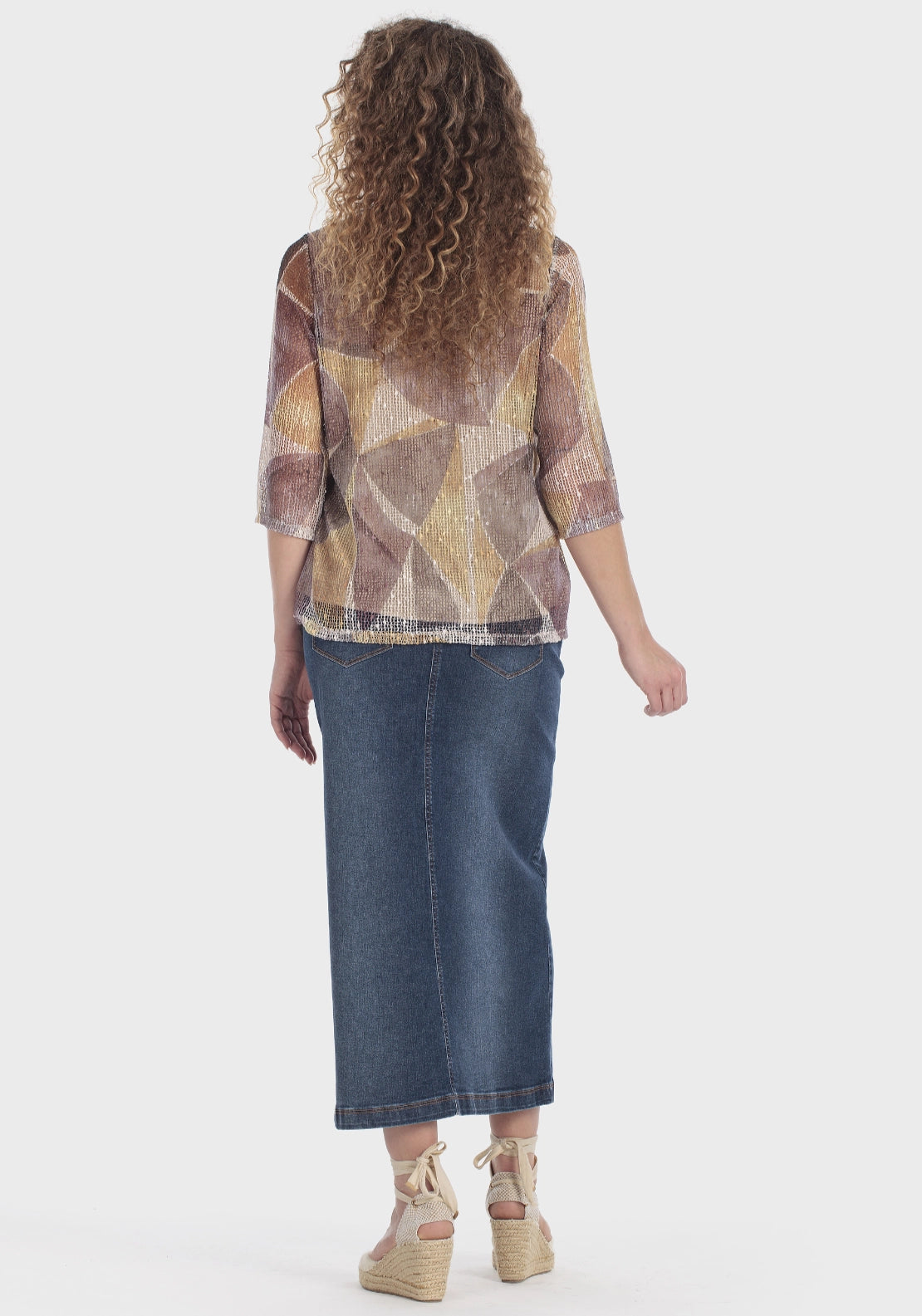 Printed Mesh 3/4-Sleeve T-Shirt - Beige
