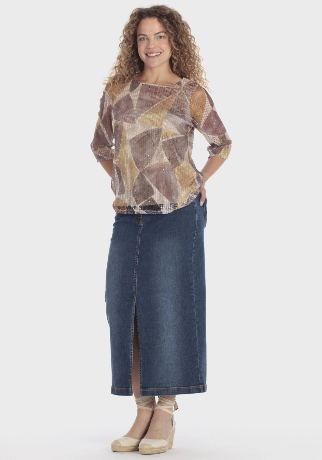 Printed Mesh 3/4-Sleeve T-Shirt - Beige