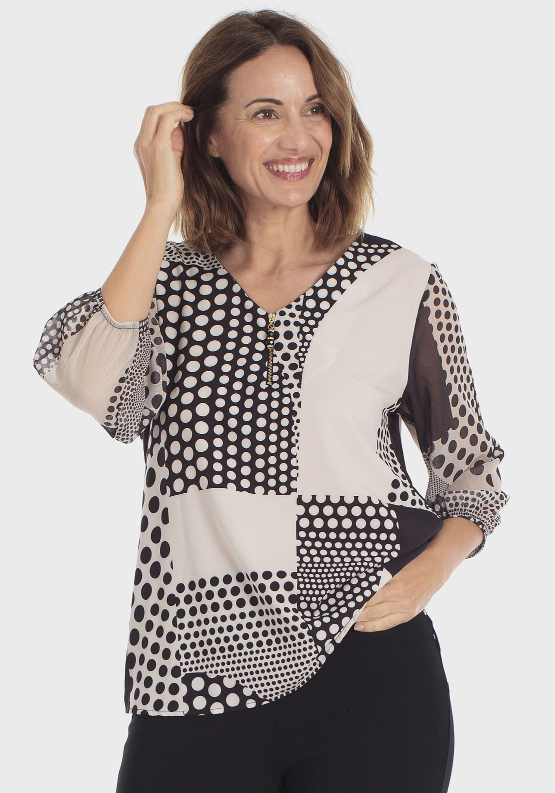 Polka Dot Zip Neck T-Shirt - Black