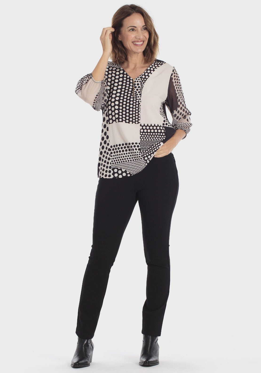 Polka Dot Zip Neck T-Shirt - Black