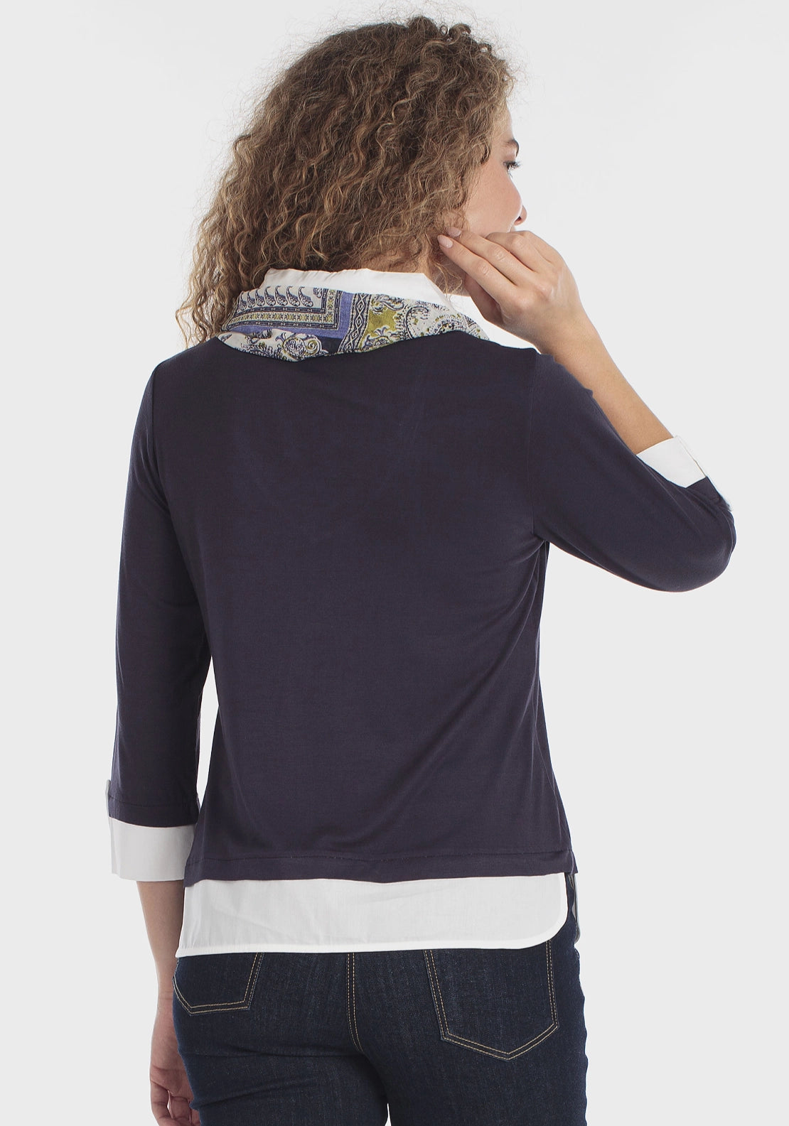 Double Layer Tee With Silk Scarf - Navy