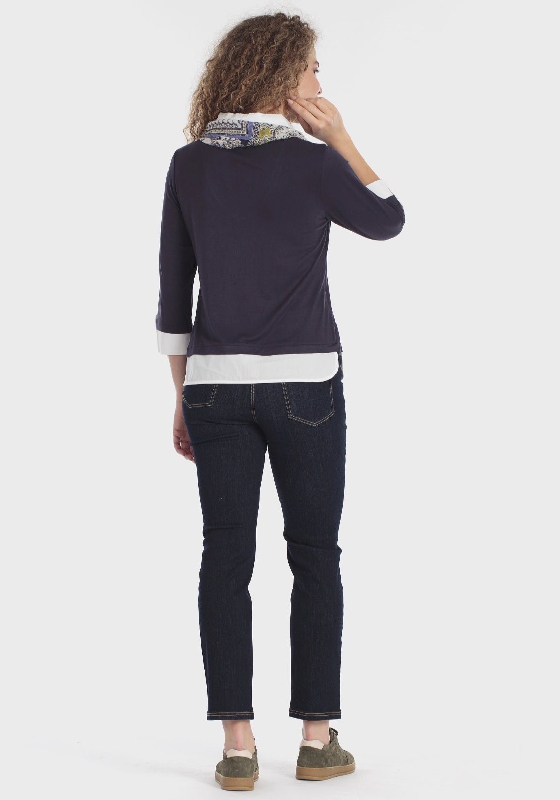 Double Layer Tee With Silk Scarf - Navy