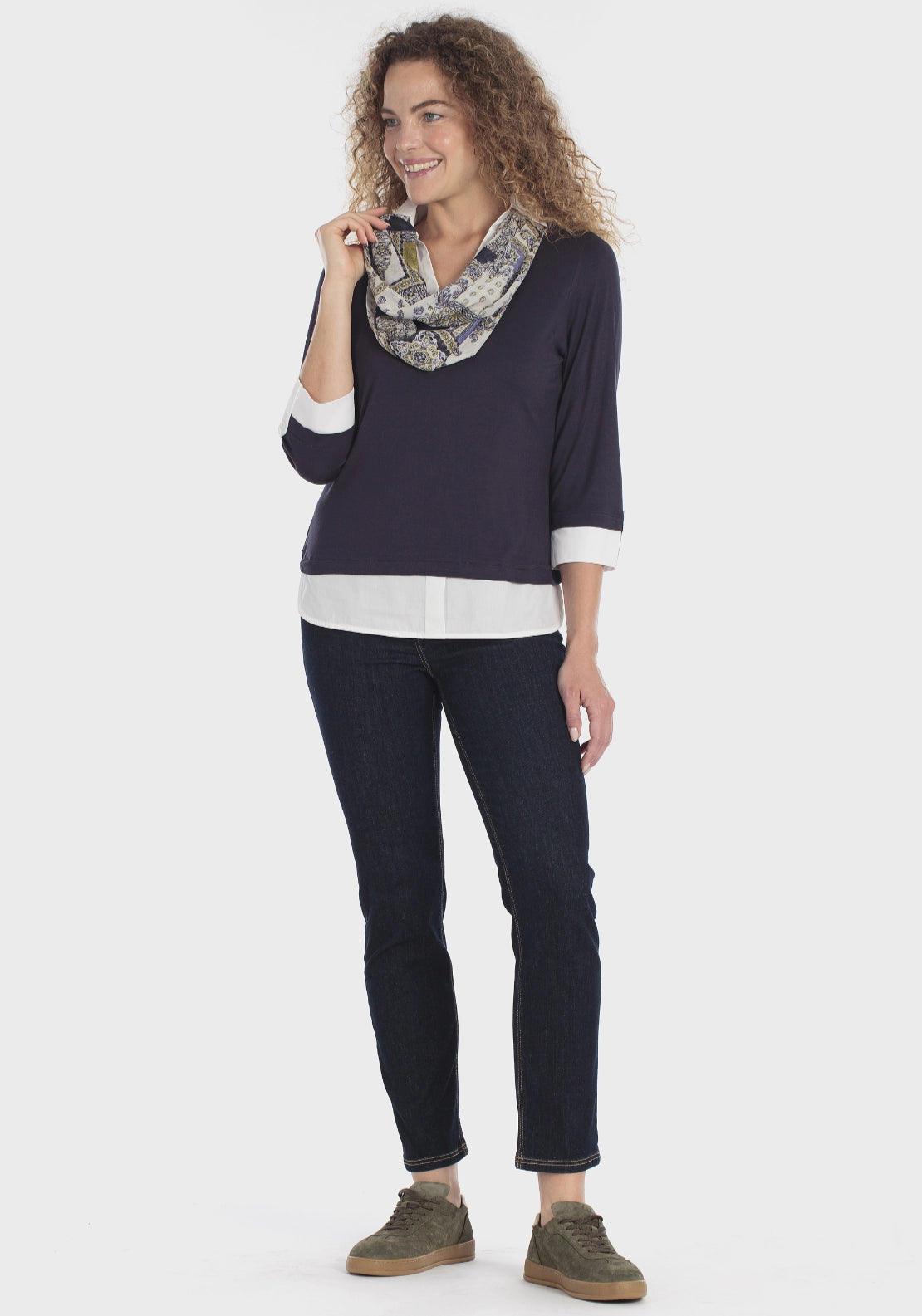 Double Layer Tee With Silk Scarf - Navy