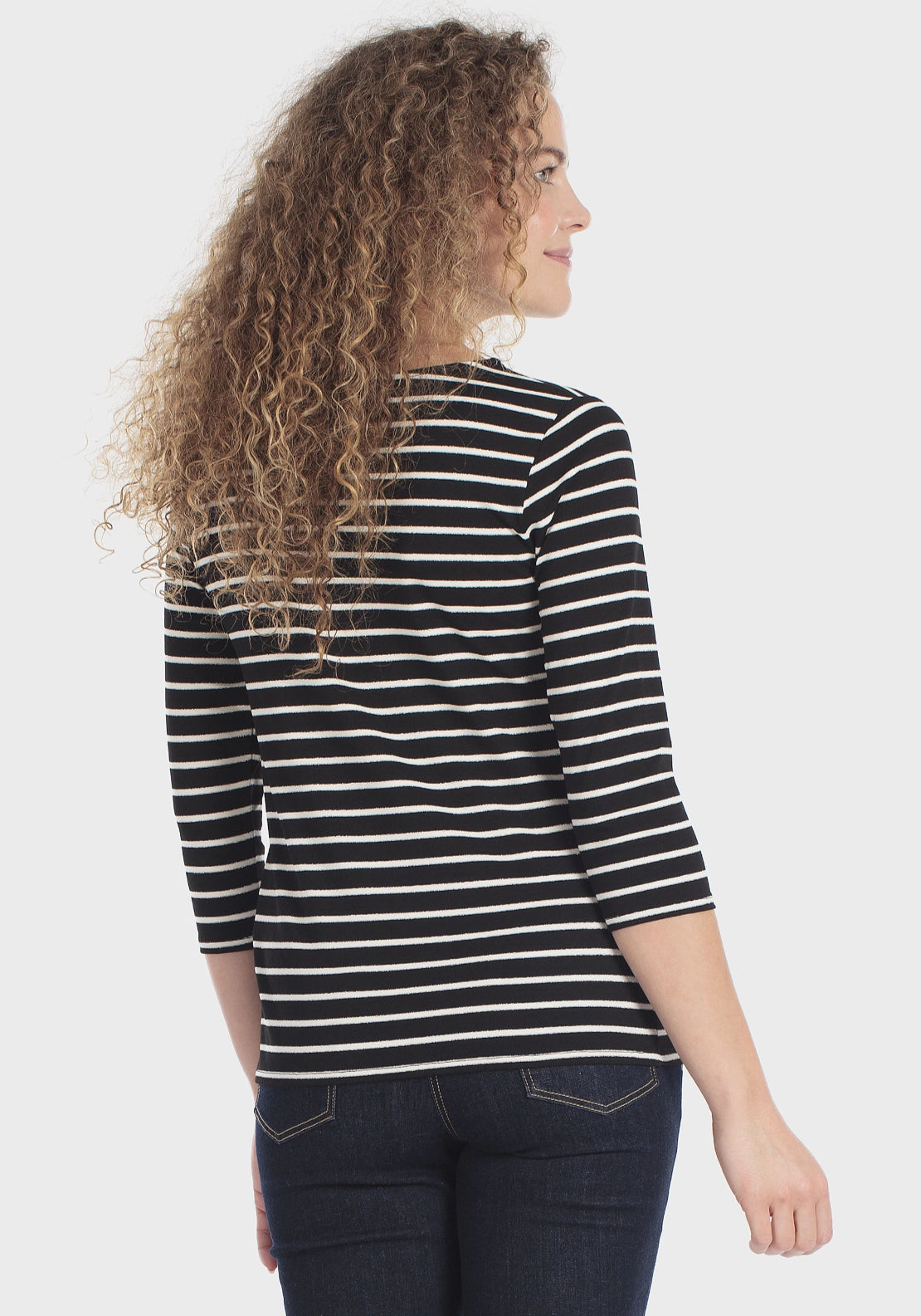 Striped 3/4 Sleeve Crew T-Shirt - Black