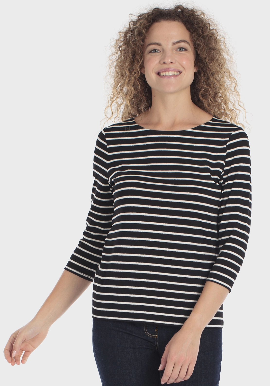 Striped 3/4 Sleeve Crew T-Shirt - Black
