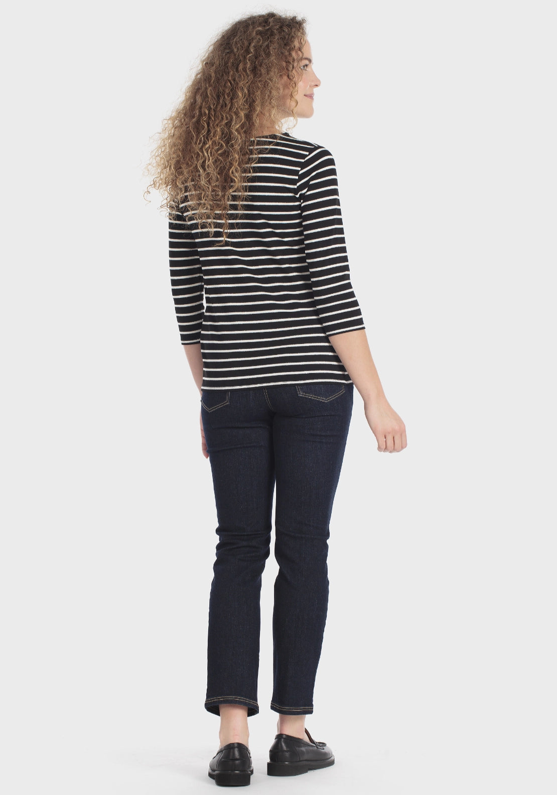 Striped 3/4 Sleeve Crew T-Shirt - Black