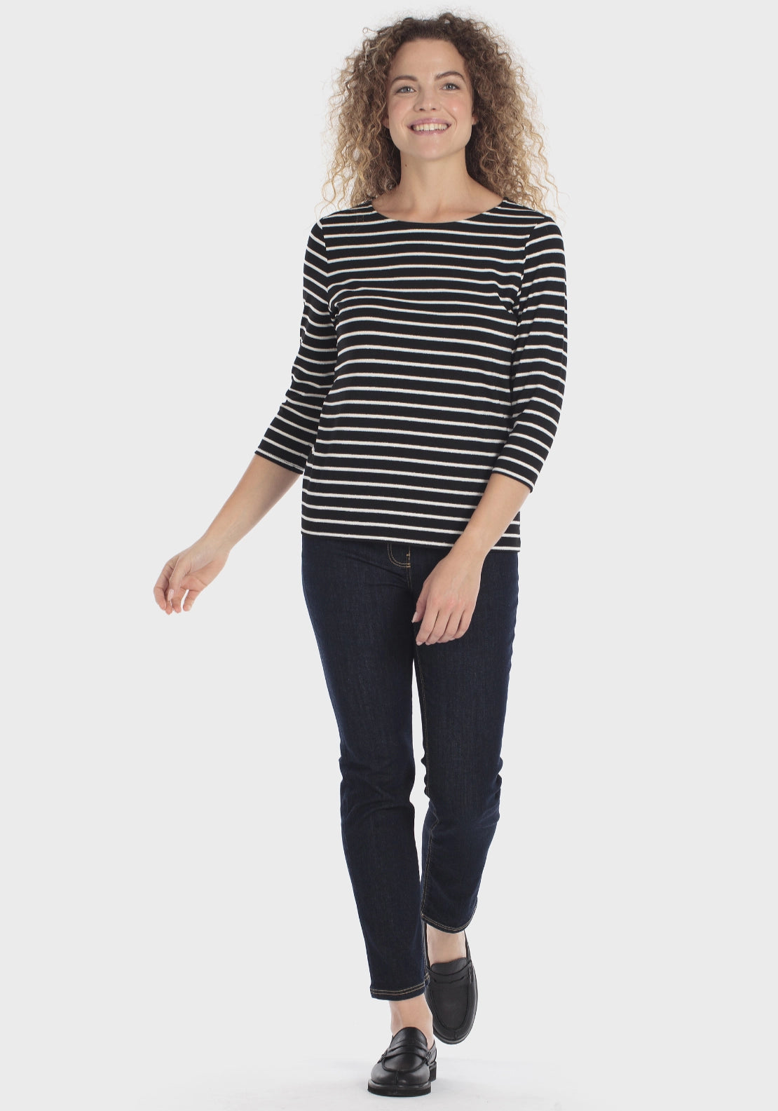 Striped 3/4 Sleeve Crew T-Shirt - Black