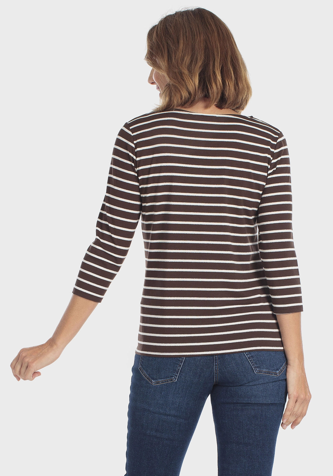 Striped 3/4 Sleeve Crew T-Shirt - Brown Chocolate
