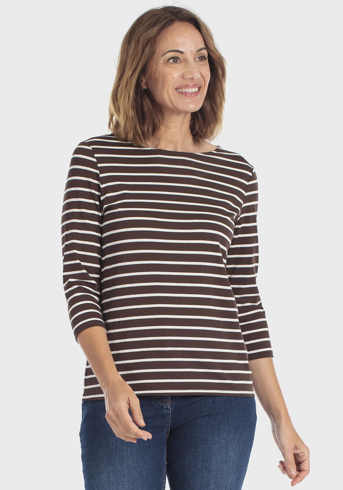 Striped 3/4 Sleeve Crew T-Shirt - Brown Chocolate