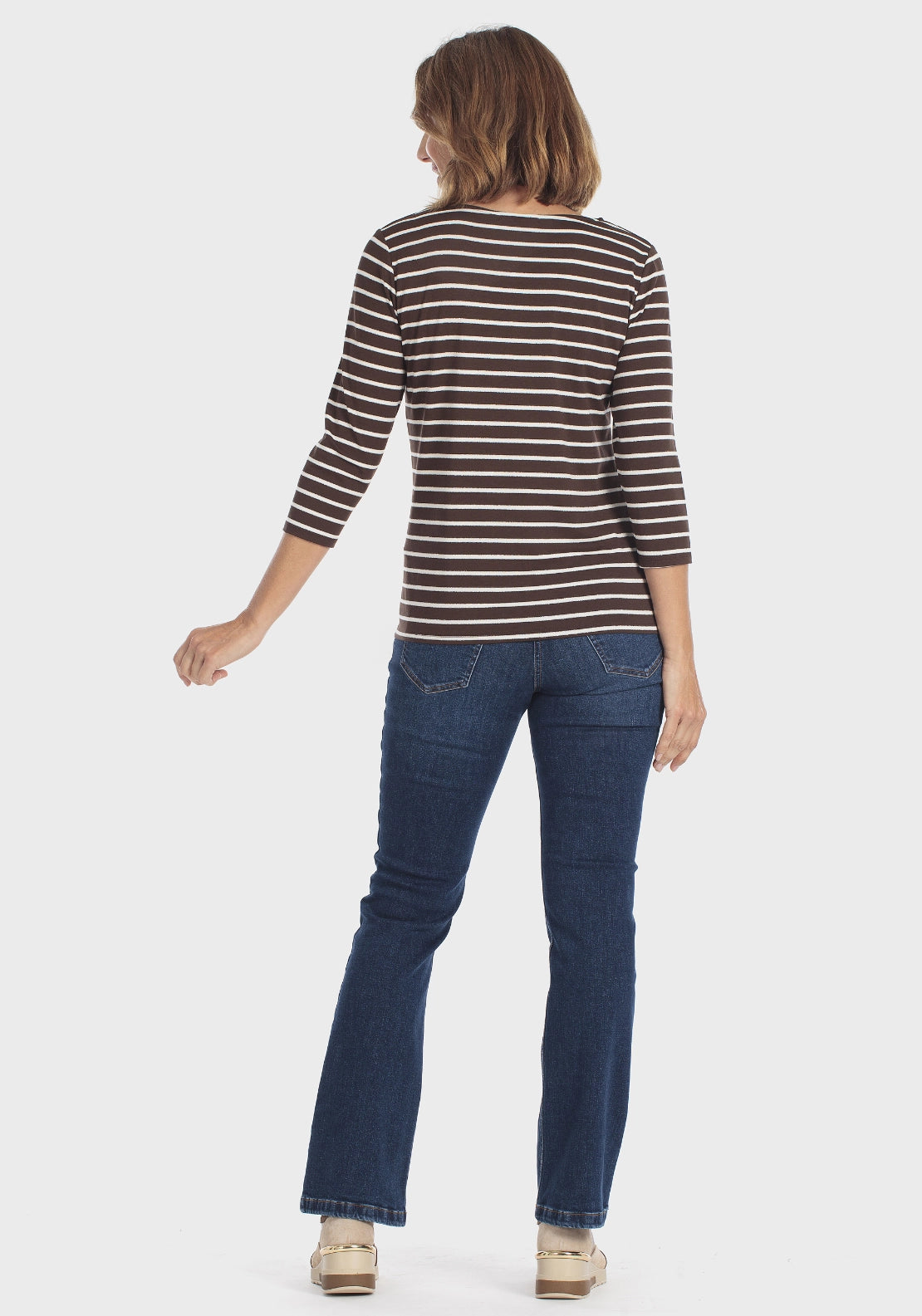 Striped 3/4 Sleeve Crew T-Shirt - Brown Chocolate