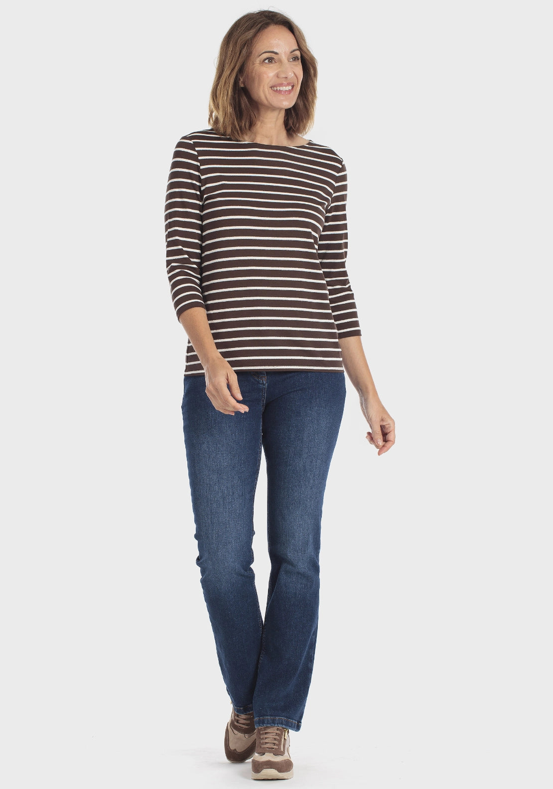 Striped 3/4 Sleeve Crew T-Shirt - Brown Chocolate