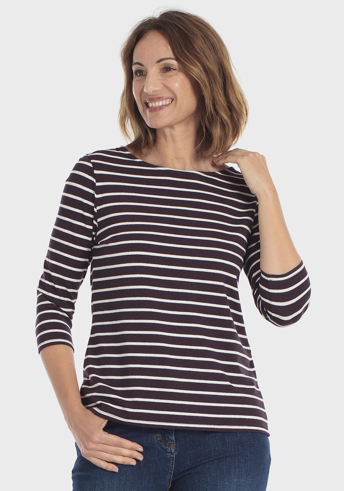 Striped 3/4 Sleeve Crew T-Shirt - Purple Mulberry