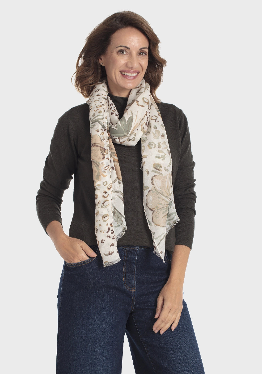 Floral Fringe Pashmina - Beige