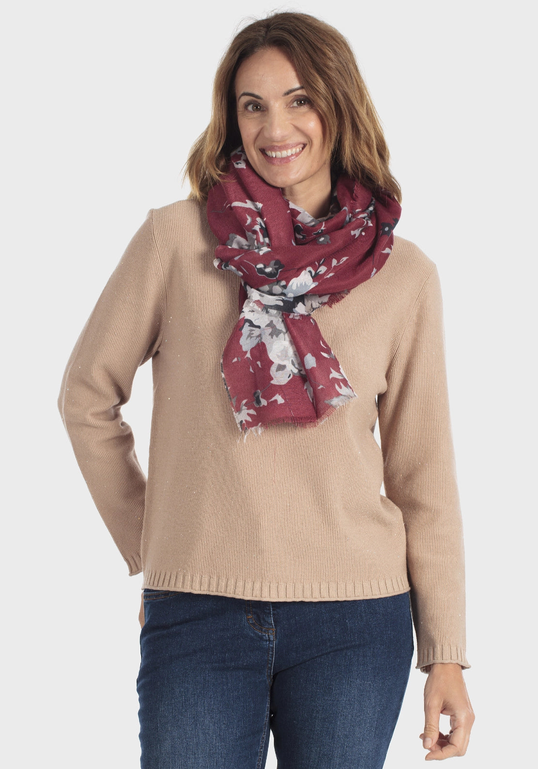 Frayed Floral Print Pashmina - Red