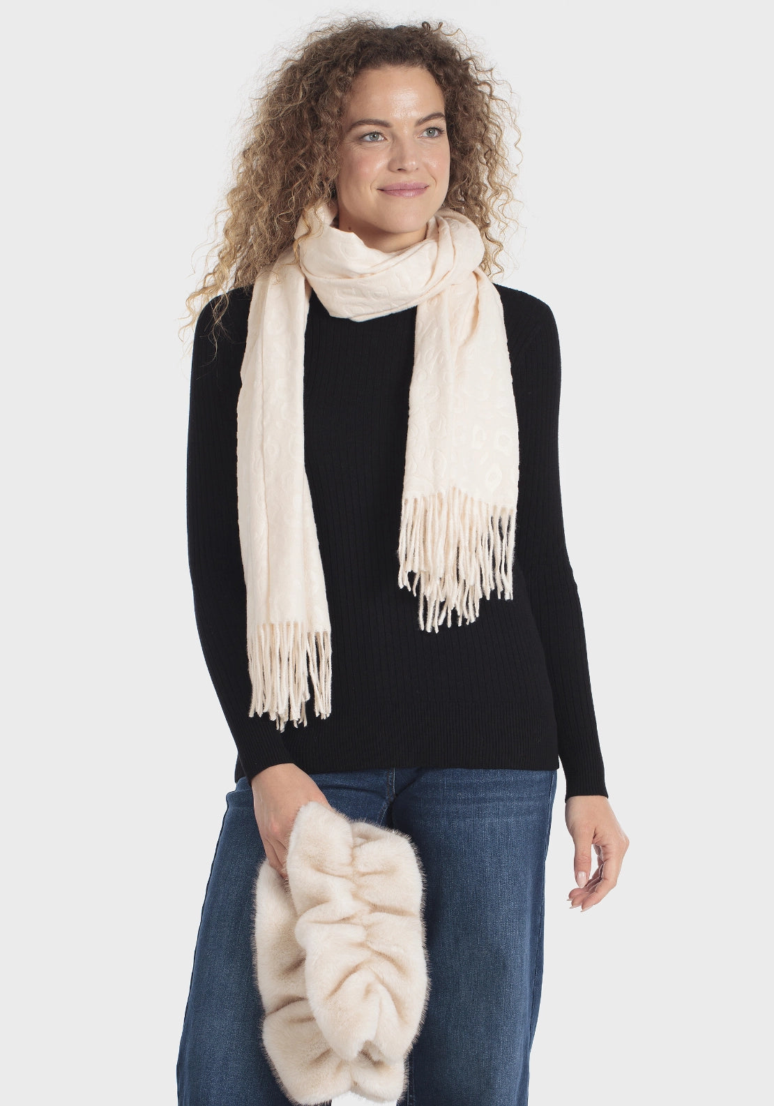 Plush Fur Scarf With Fringe - White