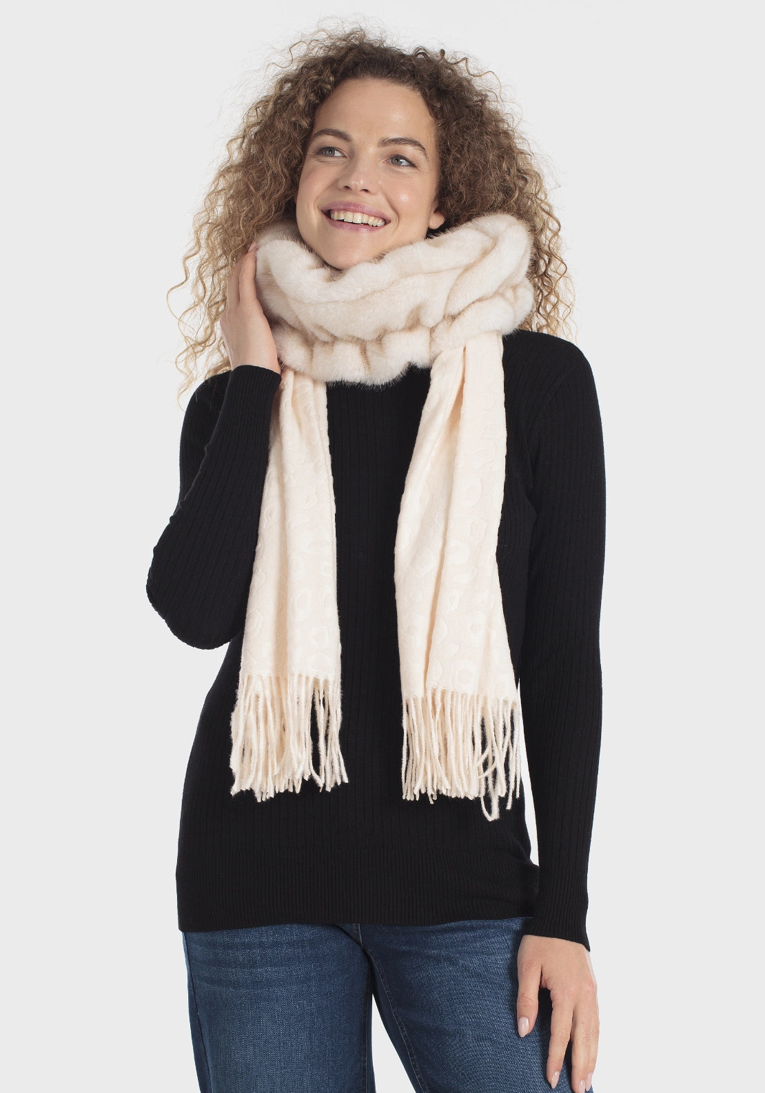 Plush Fur Scarf With Fringe - White