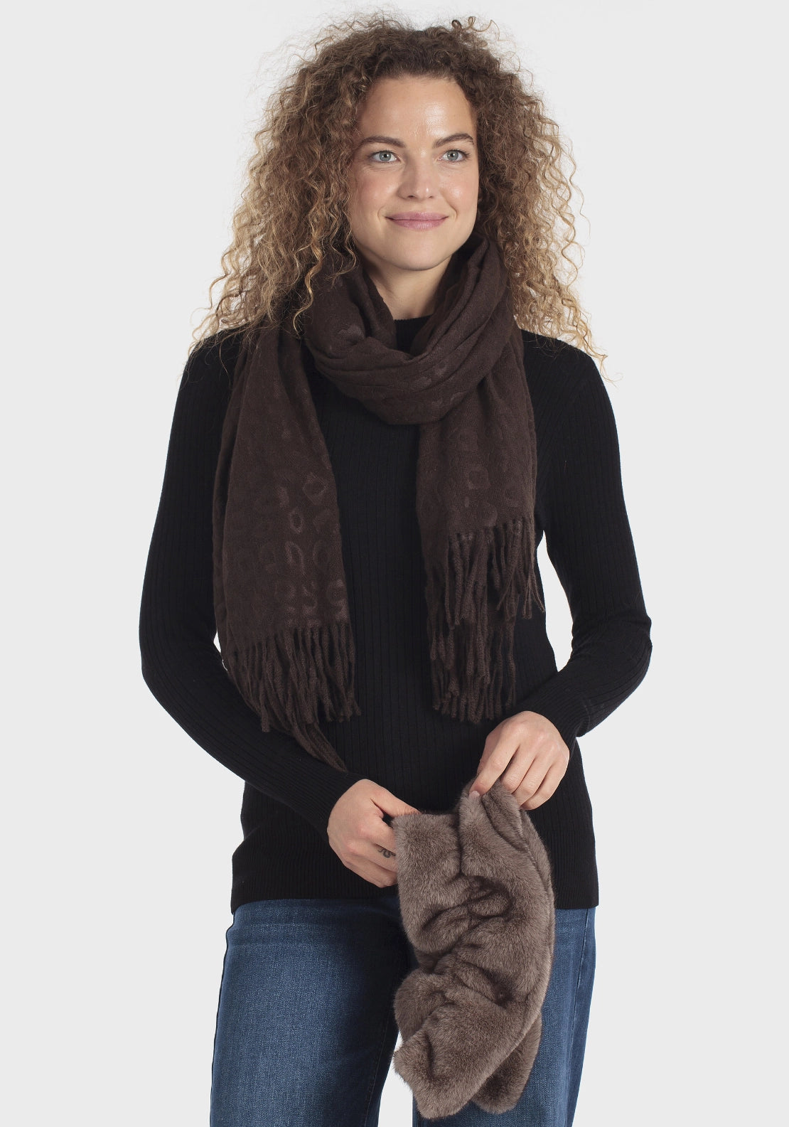 Plush Fur Scarf With Fringe - Brown Chocolate