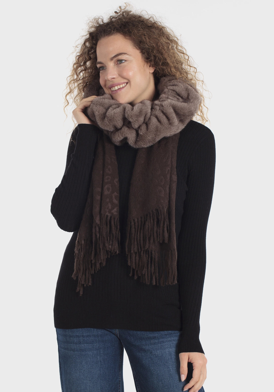 Plush Fur Scarf With Fringe - Brown Chocolate