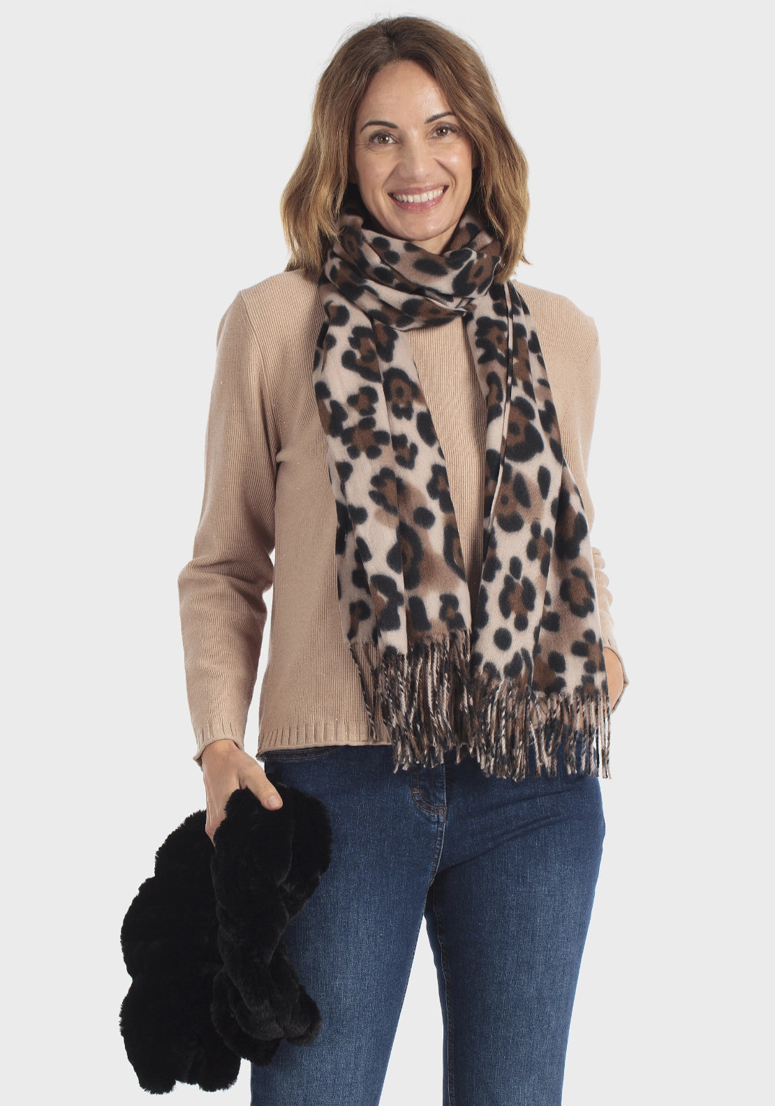 Fringed Fur Collar Scarf - Black
