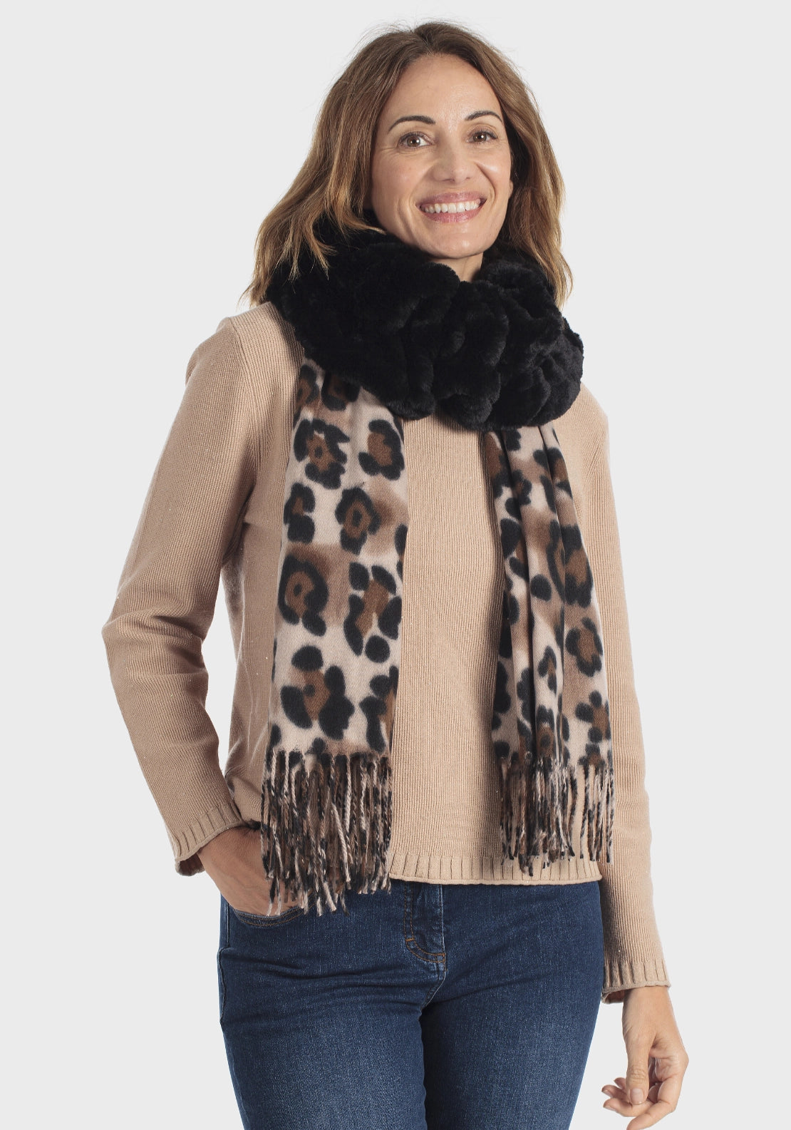 Fringed Fur Collar Scarf - Black