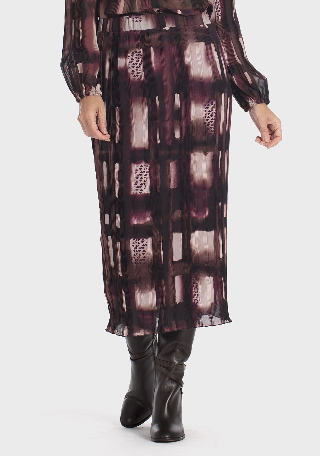 Lightweight Pleated Printed Skirt - Brown