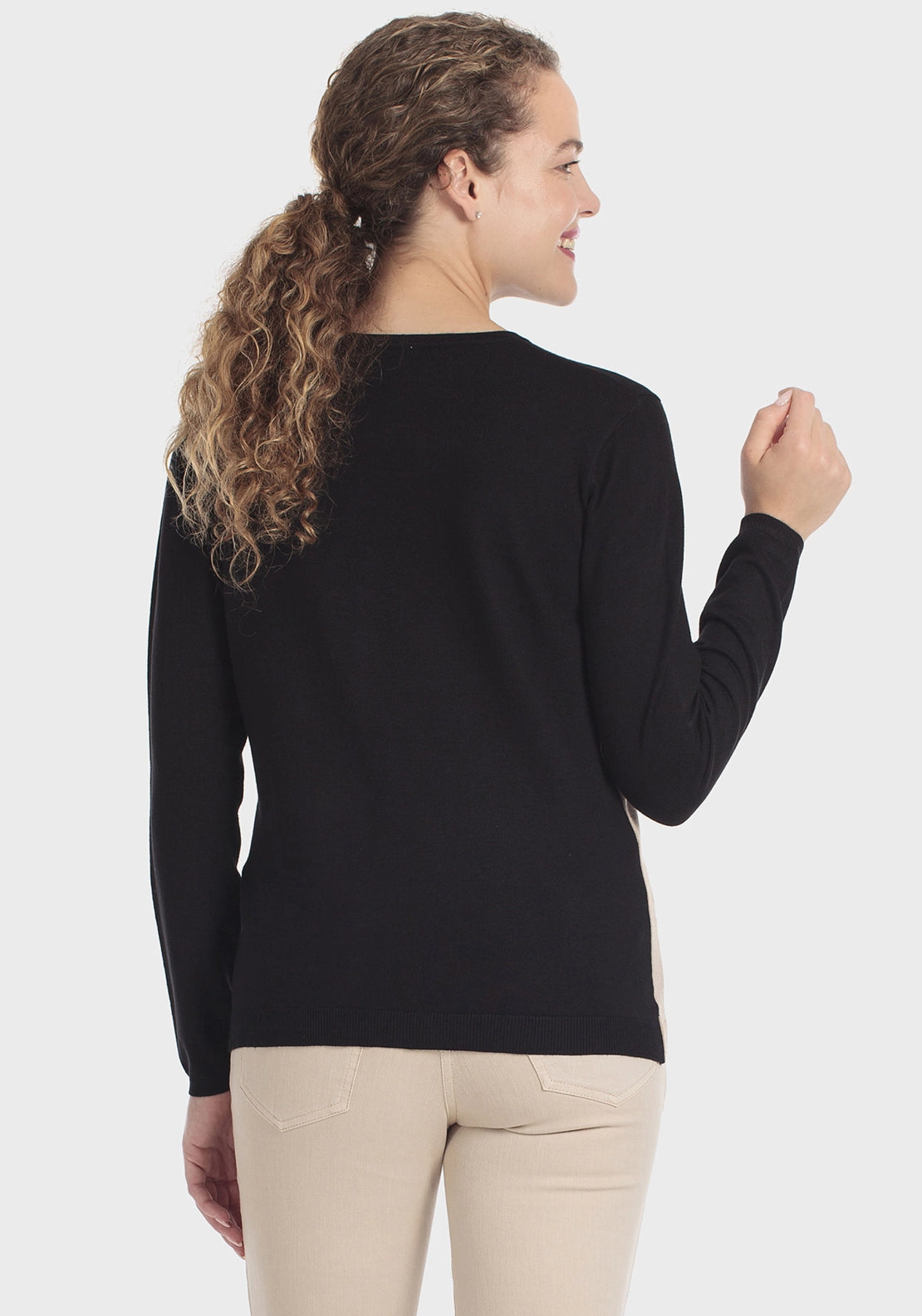 Stripe Print Sweater With Rhinestone - Beige