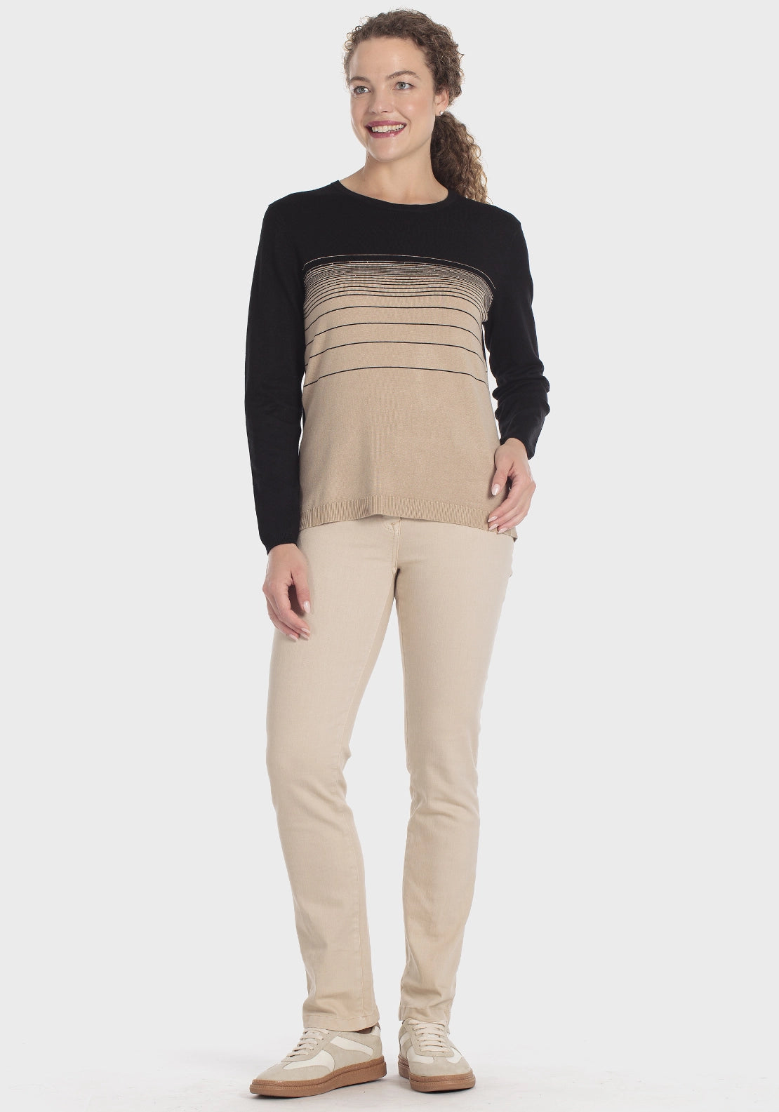 Stripe Print Sweater With Rhinestone - Beige