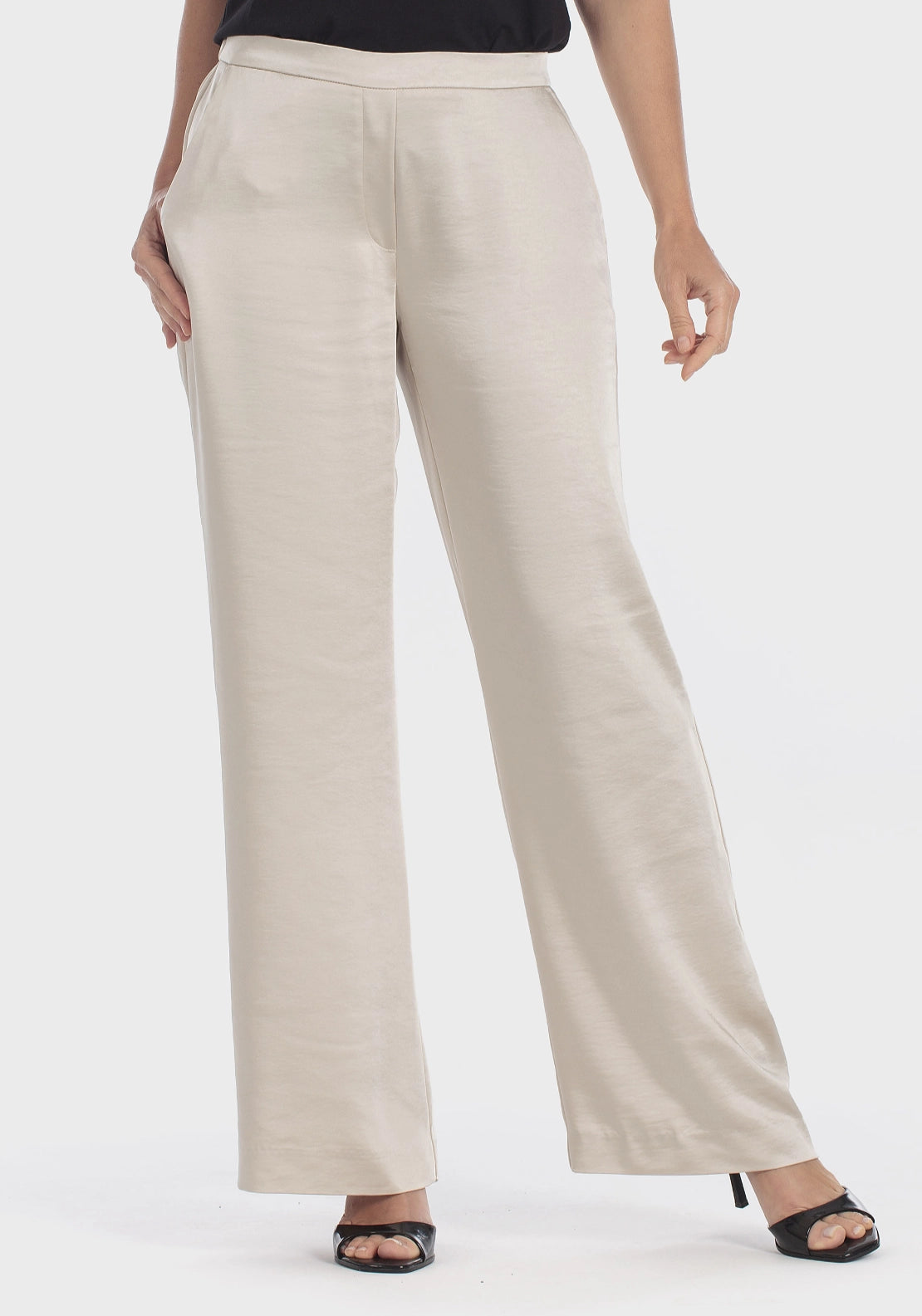 Beige Wide Leg Satin Trousers - Beige