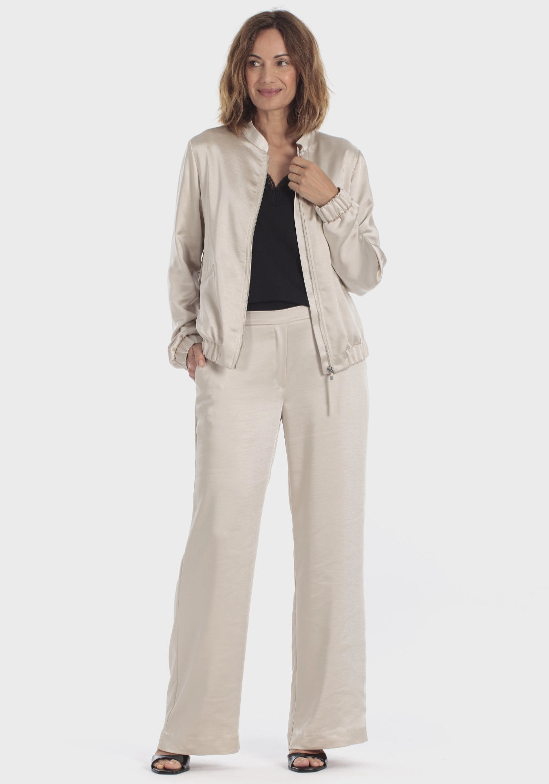 Beige Wide Leg Satin Trousers - Beige