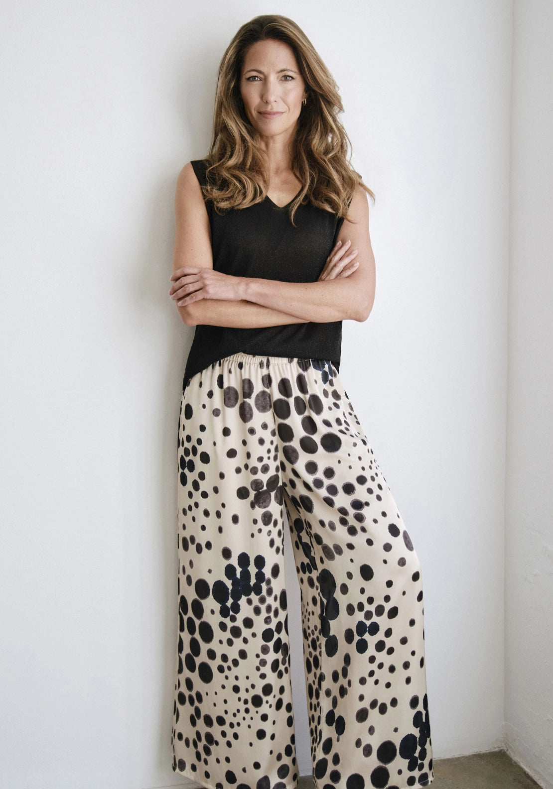 Polka Dot Elastic Waist Trousers - Beige