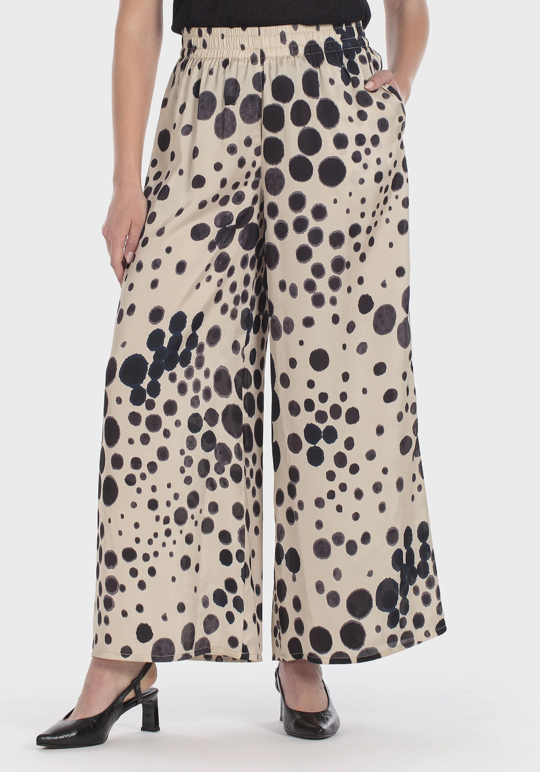 Polka Dot Elastic Waist Trousers - Beige