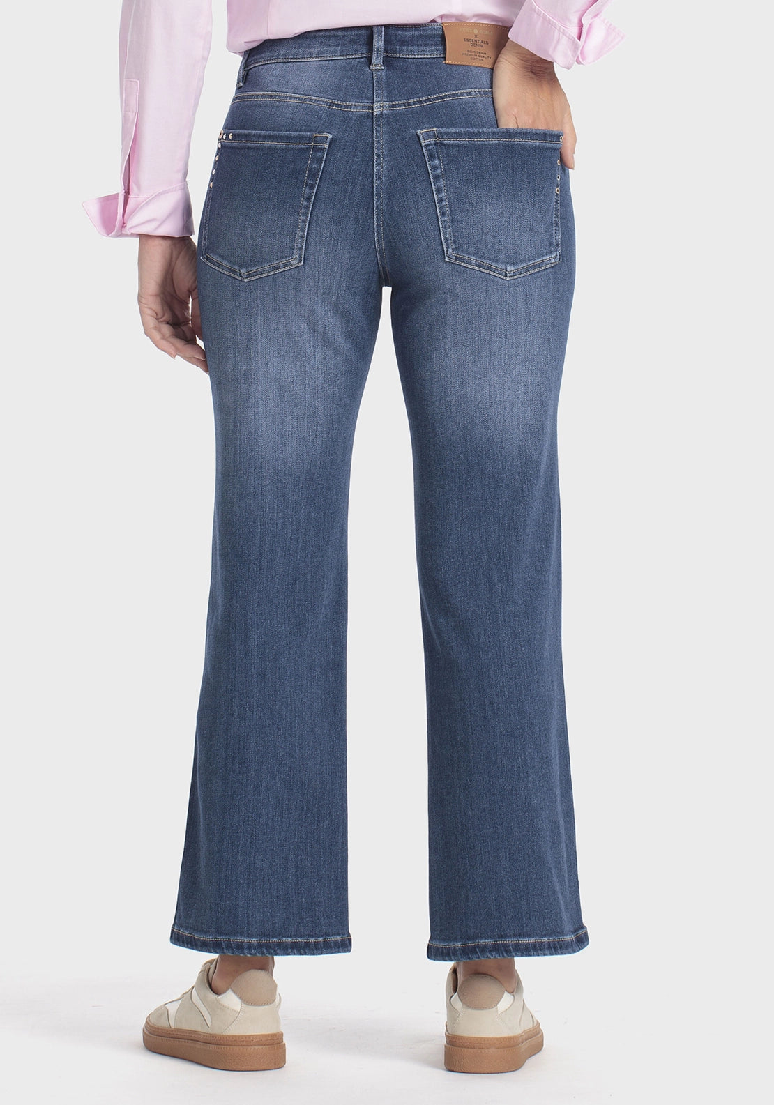 Cropped Denim Trousers With Gemstones - Blue Denim