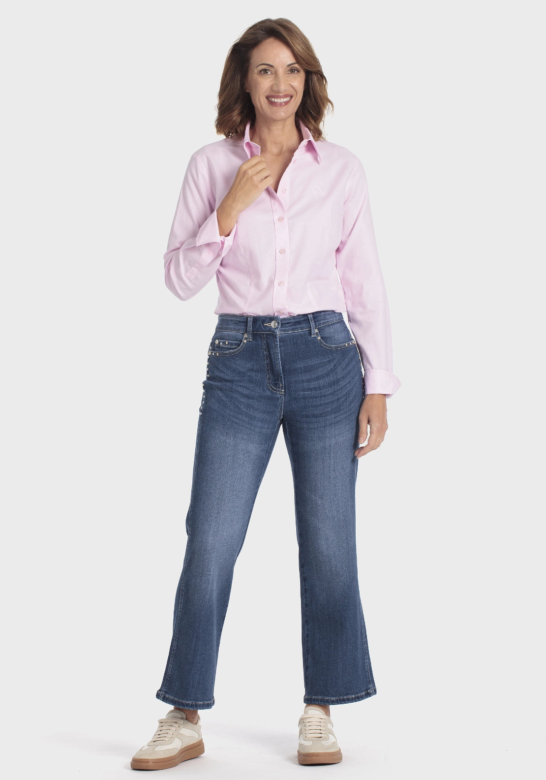 Cropped Denim Trousers With Gemstones - Blue Denim