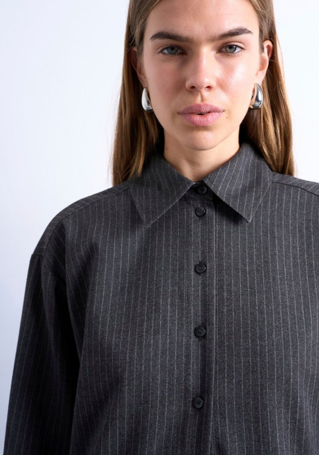 Topshop Annika Long Sleeve Shirt - Concrete Grey 2 Shaws Department Stores
