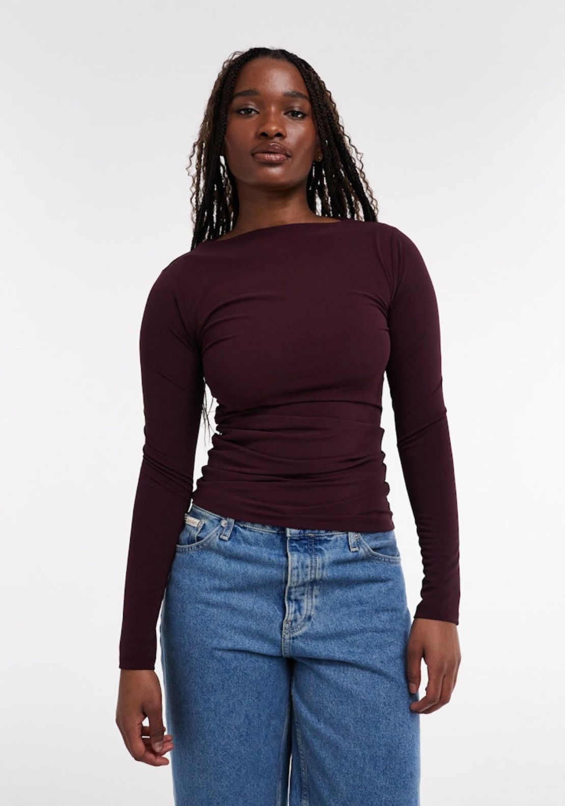 Topshop Loma Long Sleeve Hitch Detail Top - Burgundy 1 Shaws Department Stores