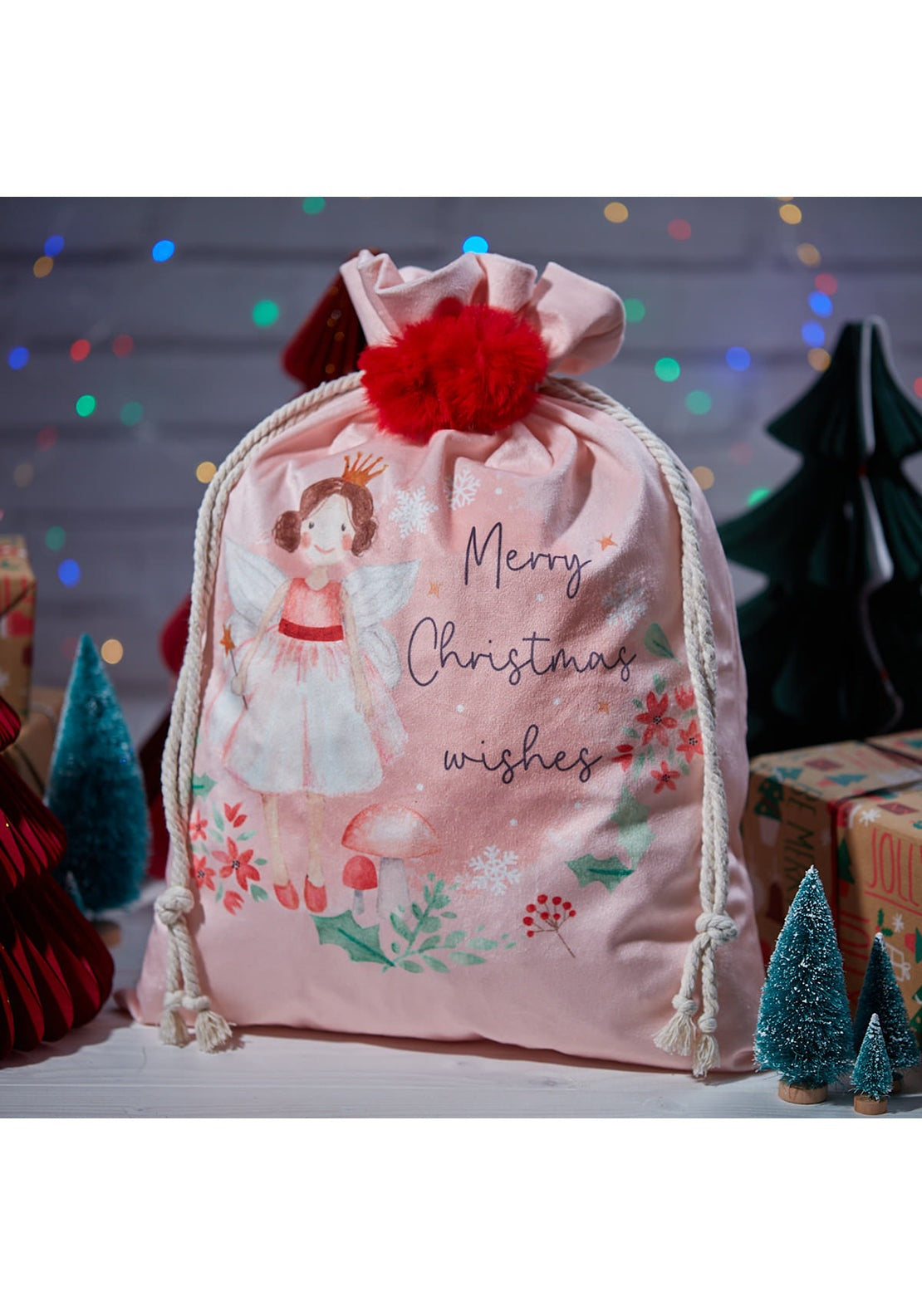 The Home Christmas Christmas Wishes Fairy Velour Fabric With Pom Pom Sack 1 Shaws Department Stores