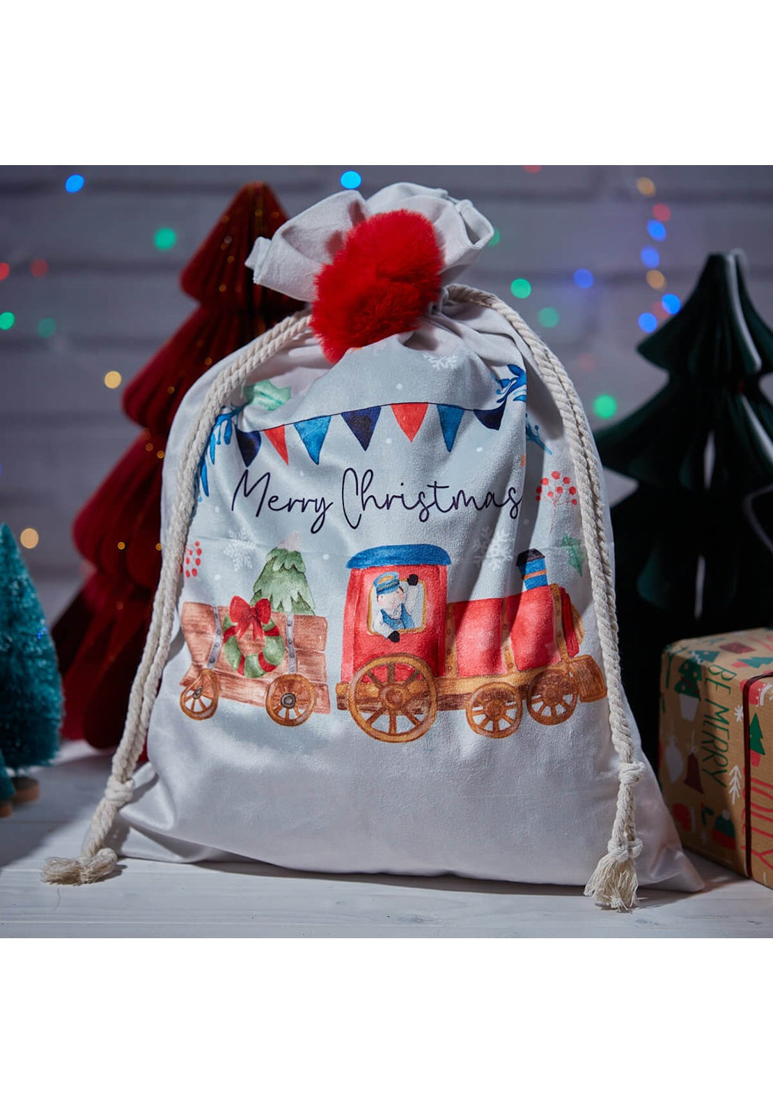 The Home Christmas Christmas Train Velour Fabric With Pom Pom Sack 1 Shaws Department Stores