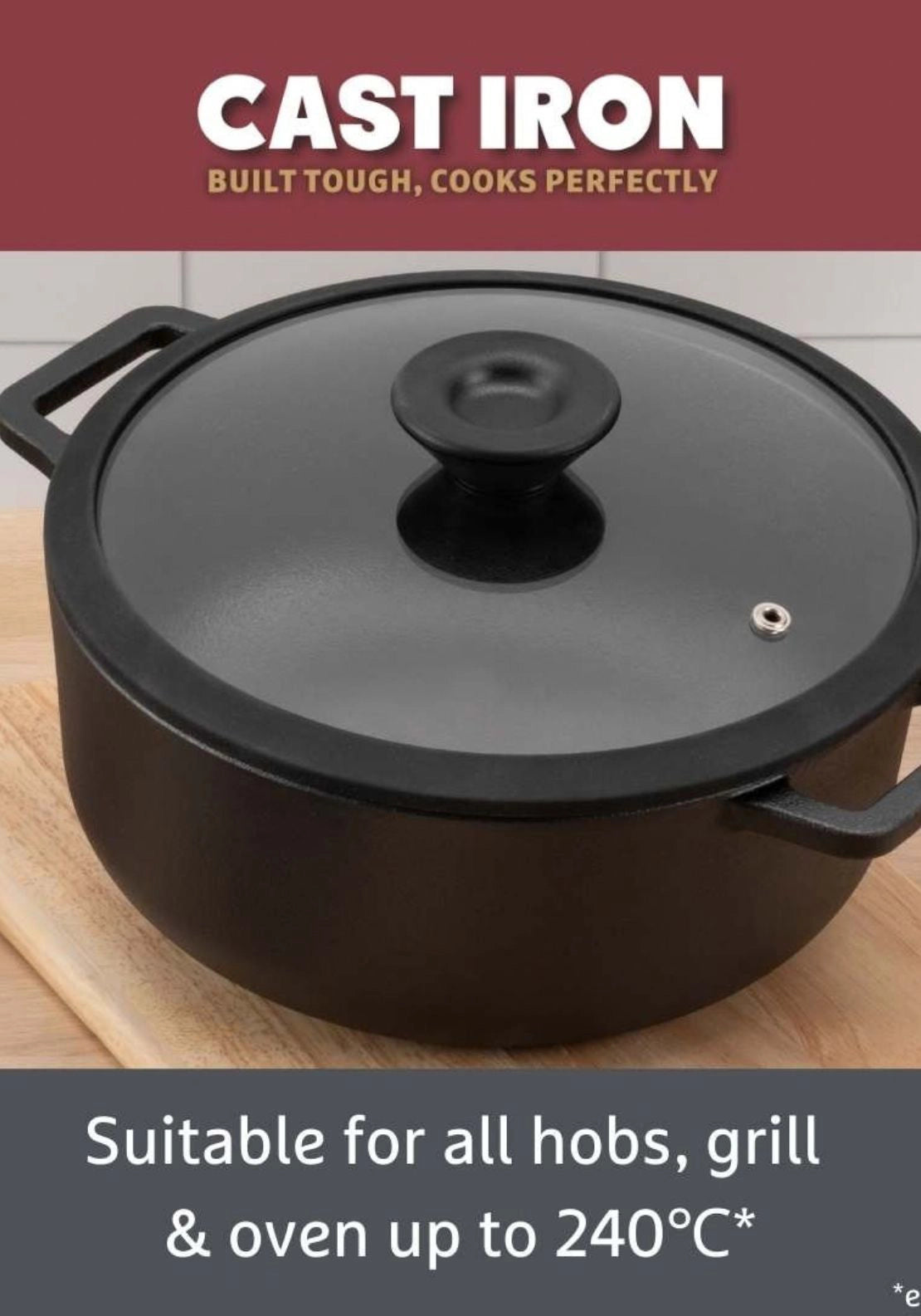 Cast Iron Casserole With Glass Lid 24cm/4.6L - Black