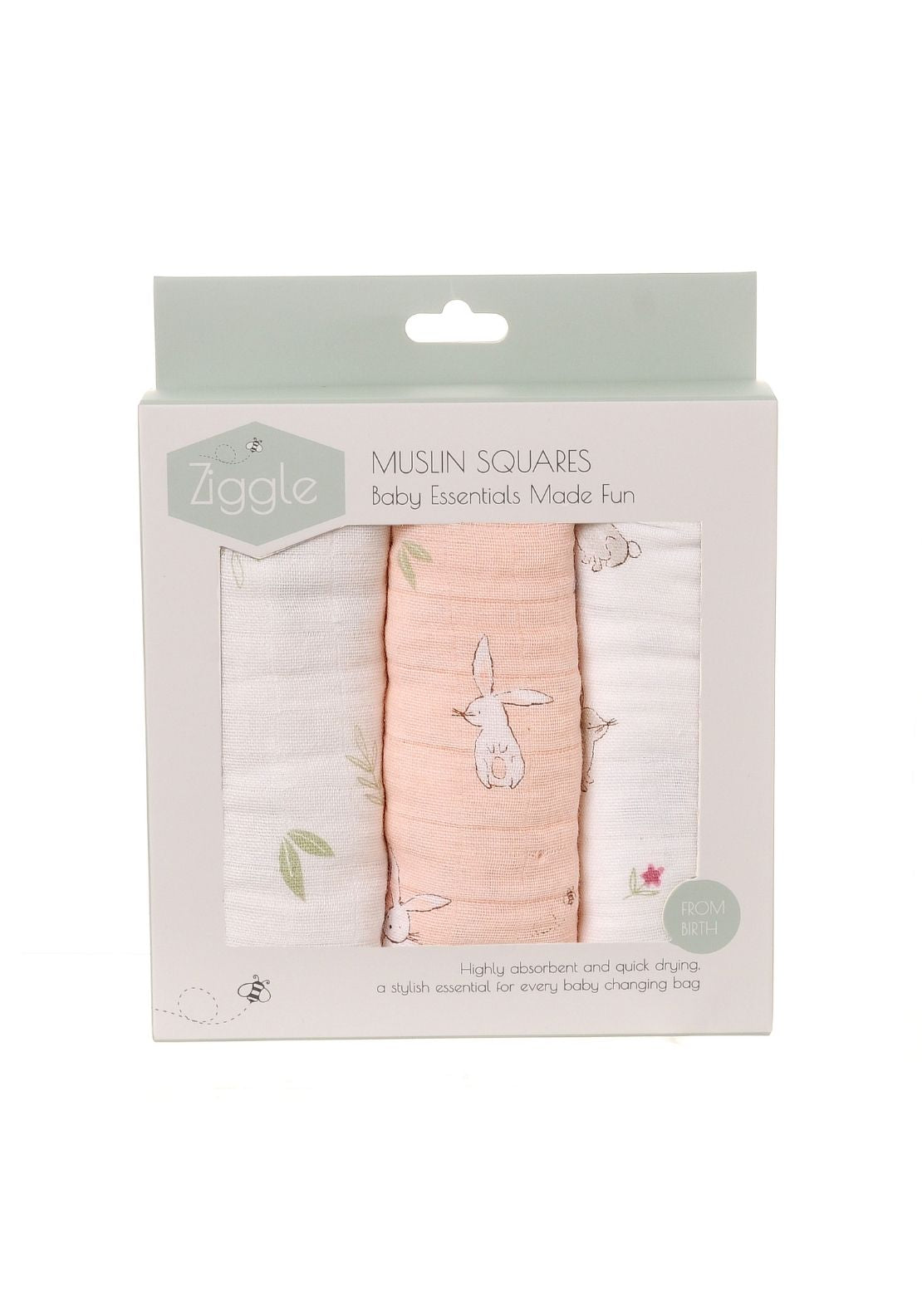 3 Pack Bunny Print Muslin Cloths - Pink / White