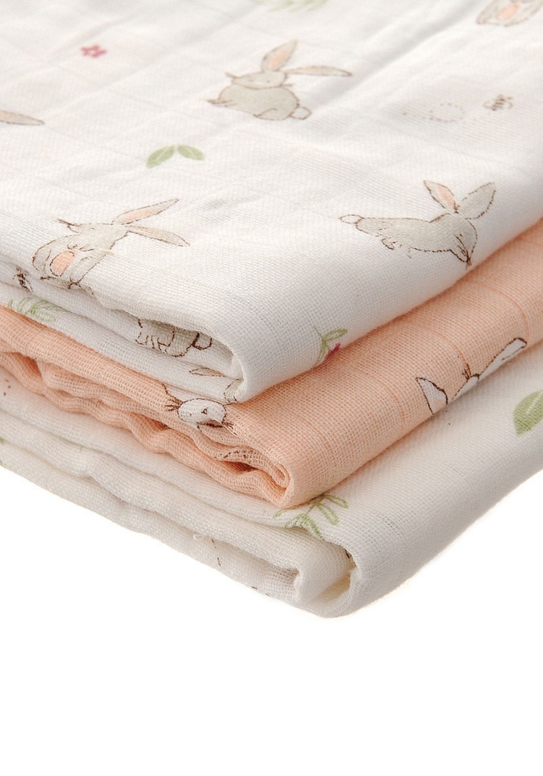3 Pack Bunny Print Muslin Cloths - Pink / White