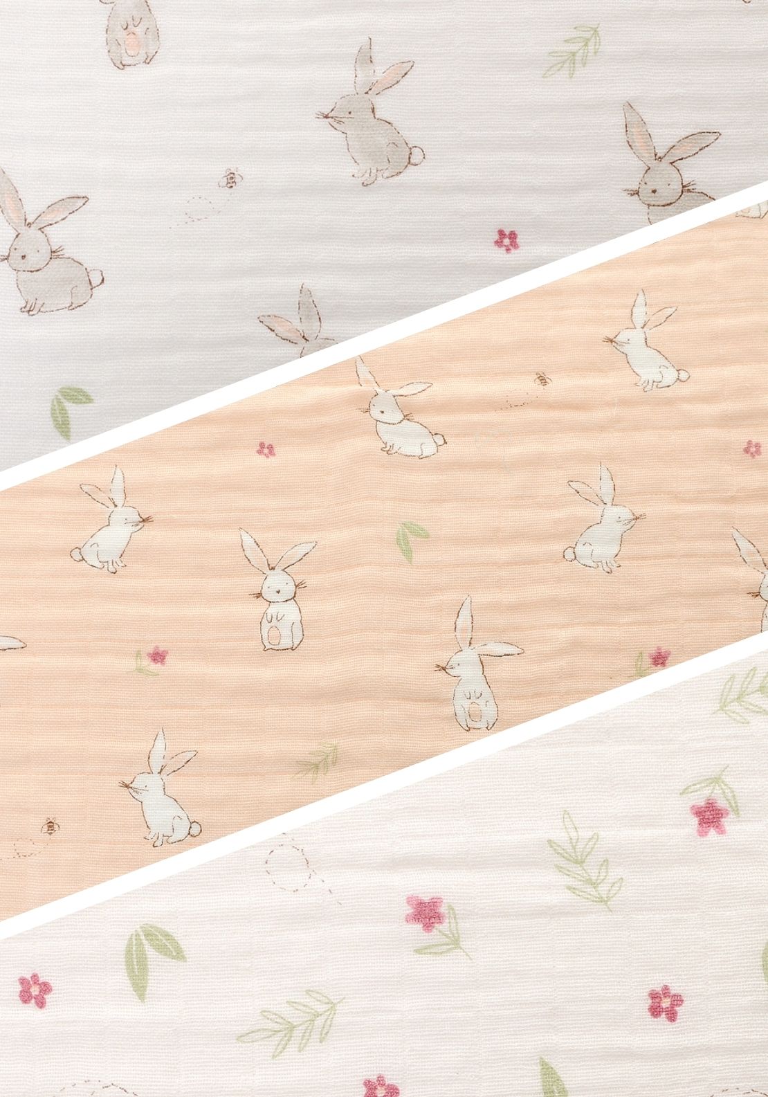 3 Pack Bunny Print Muslin Cloths - Pink / White