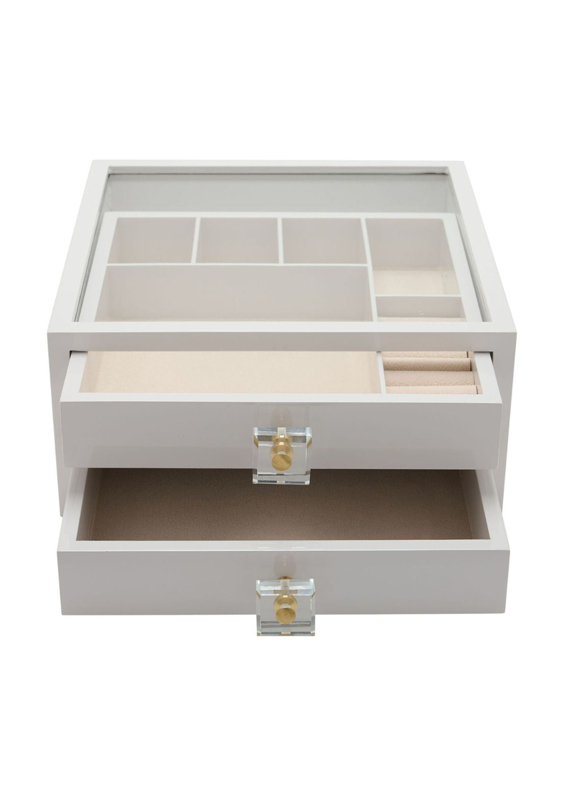 Jewellery Box With With Storage Areas And Glass Top - White